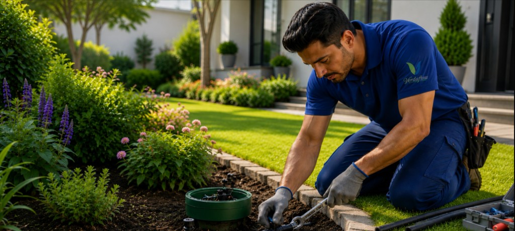 Verdaflow technician installing irrigation in a landscaped garden